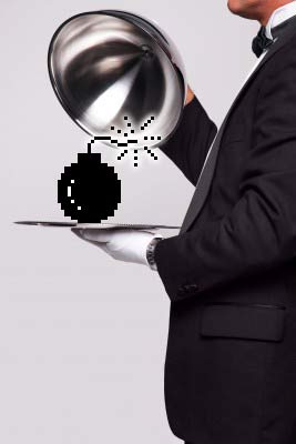 A butler holding a tray with a bomb icon on it.